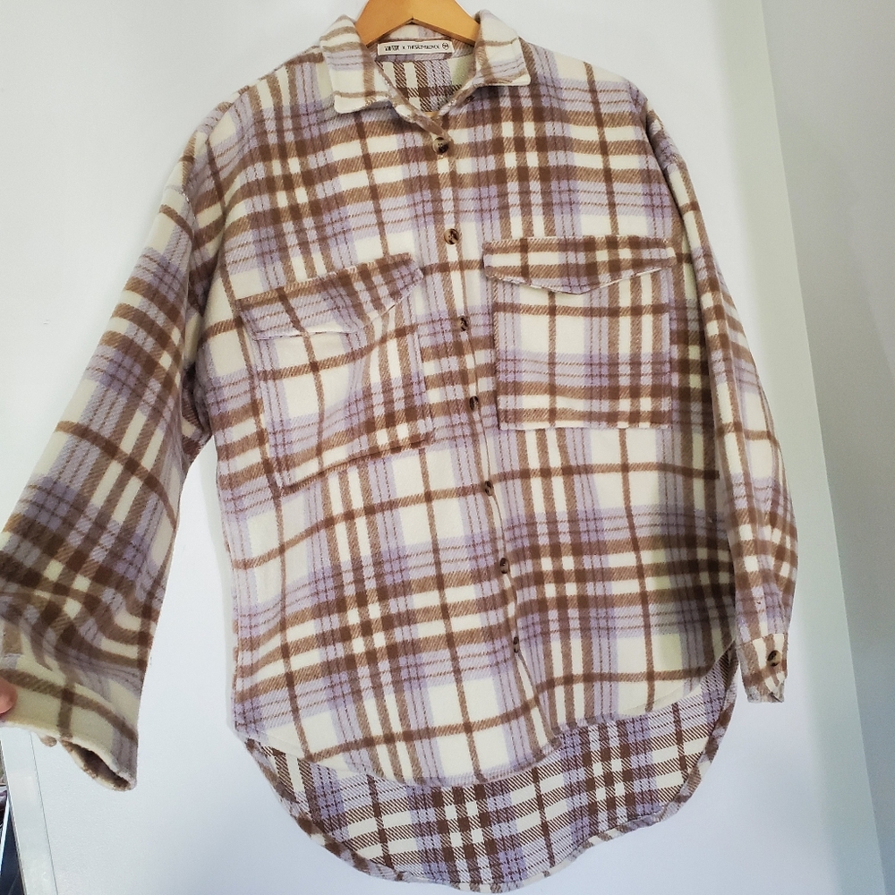 12th TRIBE x THESALTYBLONDE S/M Poly Wool Plaid Shacket Jacket Cream Brown Lilac